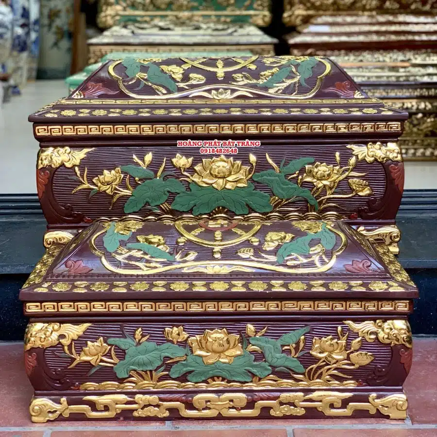 Quách tiểu sành sen phình lá xanh dát vàng cỡ Đại QTSA101