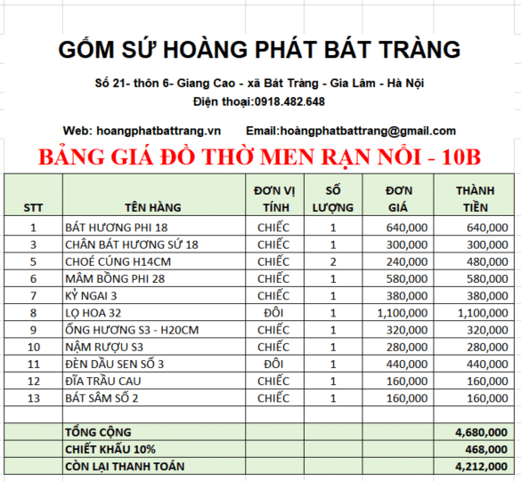 Bộ đồ thờ men rạn đắp nổi 10B