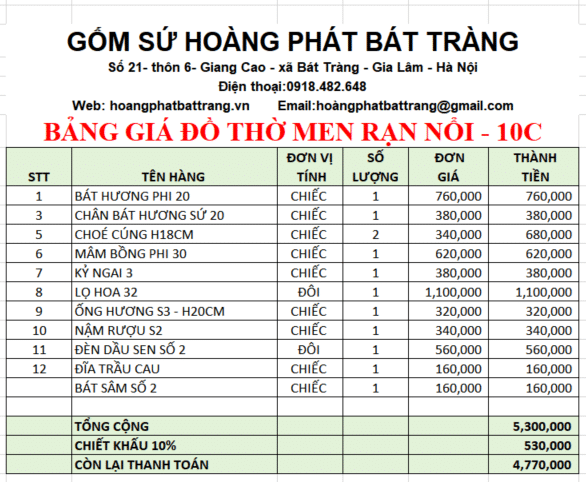 Bộ đồ thờ men rạn đắp nổi số 10C Bát Tràng