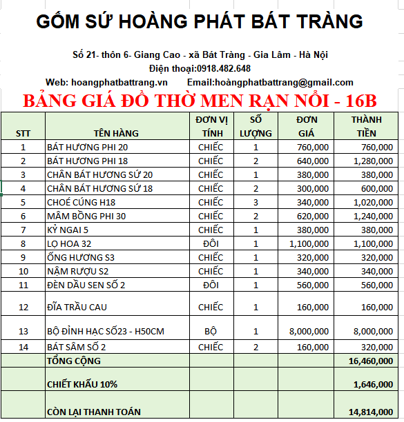 Bộ đồ thờ men rạn đắp nổi 16B
