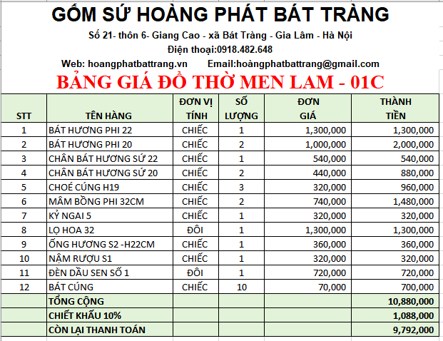 Bộ đồ thờ men lam Bát Tràng 01C