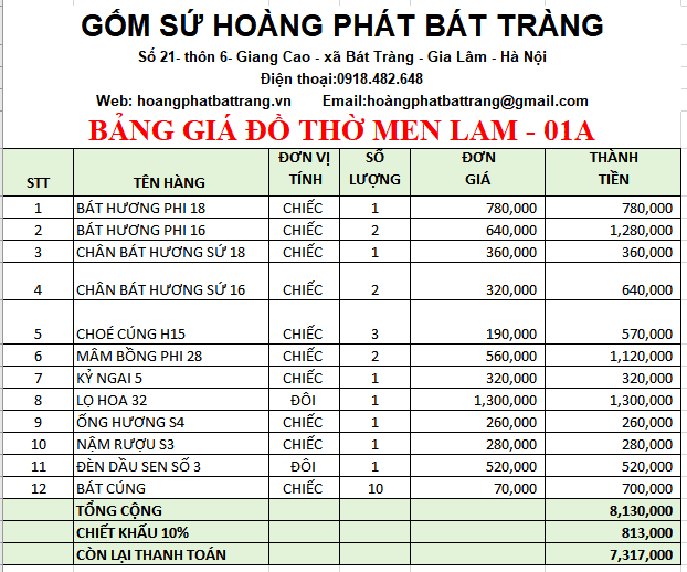 Bộ đồ thờ men lam Bát Tràng 01A
