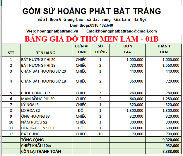 Bộ đồ thờ men lam Bát Tràng 01B