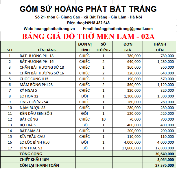 Bộ đồ thờ men lam Bát Tràng 02A