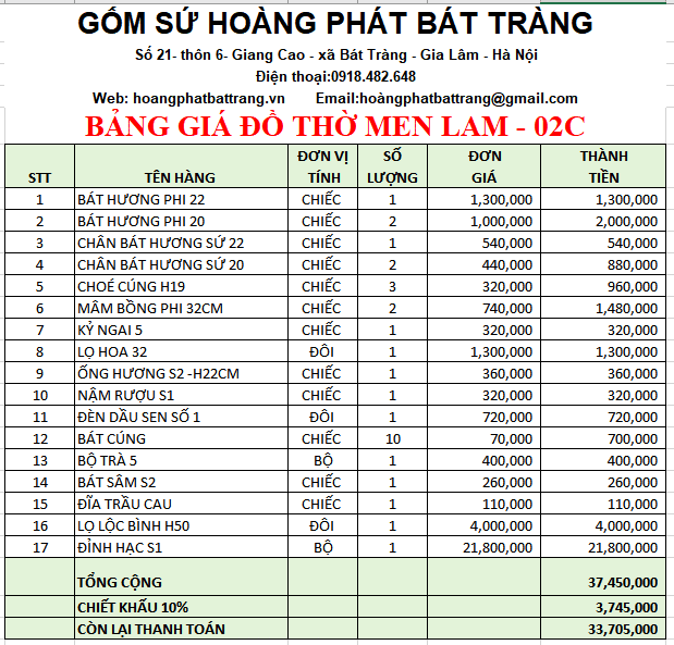 Bộ đồ thờ men lam Bát Tràng 02C