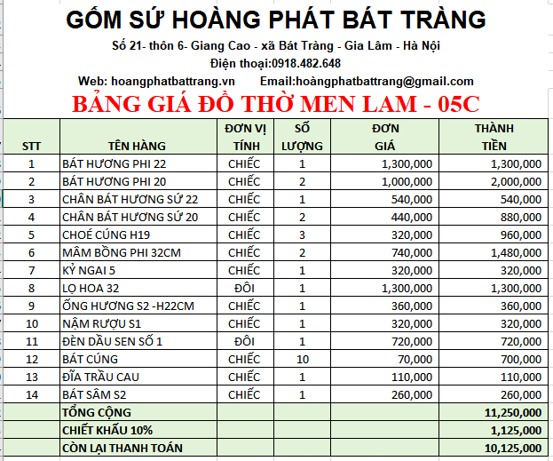 Bộ đồ thờ men lam Bát Tràng 05C