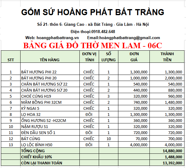 Bộ đồ thờ men lam Bát Tràng 6C