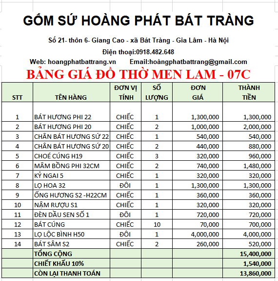 Bộ đồ Thờ Men Lam Bát Tràng 07C