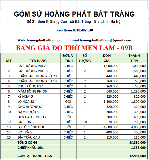 Bộ đồ thờ men lam Bát Tràng 09B