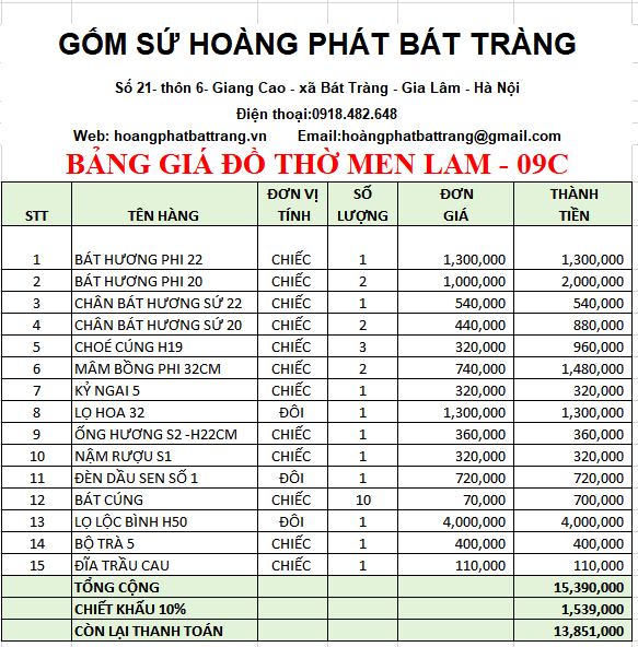 Bộ đồ thờ men lam Bát Tràng 09C