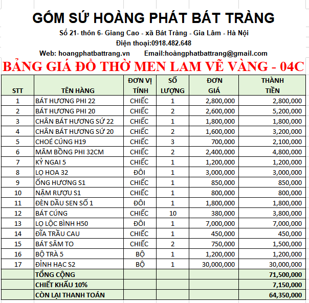 BỘ ĐỒ THỜ MEN LAM VẼ VÀNG BÁT TRÀNG 04C