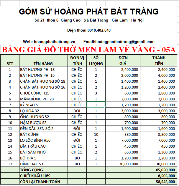 BỘ ĐỒ THỜ MEN LAM VẼ VÀNG BÁT TRÀNG 05A