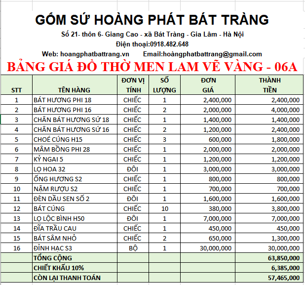 BỘ ĐỒ THỜ MEN LAM VẼ VÀNG BÁT TRÀNG 06A