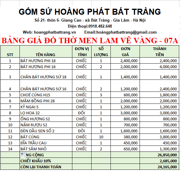 BỘ ĐỒ THỜ MEN LAM VẼ VÀNG BÁT TRÀNG 7A