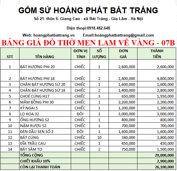BỘ ĐỒ THỜ MEN LAM VẼ VÀNG BÁT TRÀNG 7B