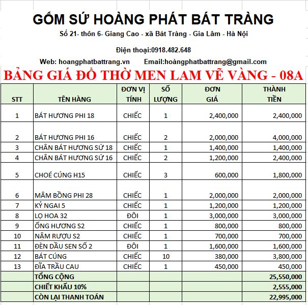 BỘ ĐỒ THỜ MEN LAM VẼ VÀNG BÁT TRÀNG 08A