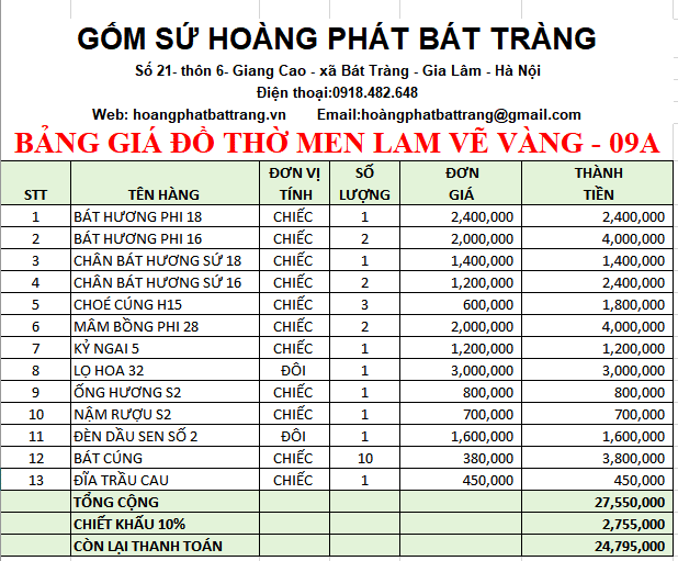 BỘ ĐỒ THỜ MEN LAM VẼ VÀNG BÁT TRÀNG 9A