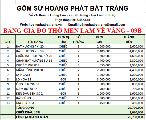 BỘ ĐỒ THỜ MEN LAM VẼ VÀNG BÁT TRÀNG 9B