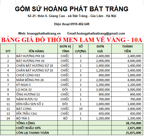 BỘ ĐỒ THỜ MEN LAM VẼ VÀNG BÁT TRÀNG 10A