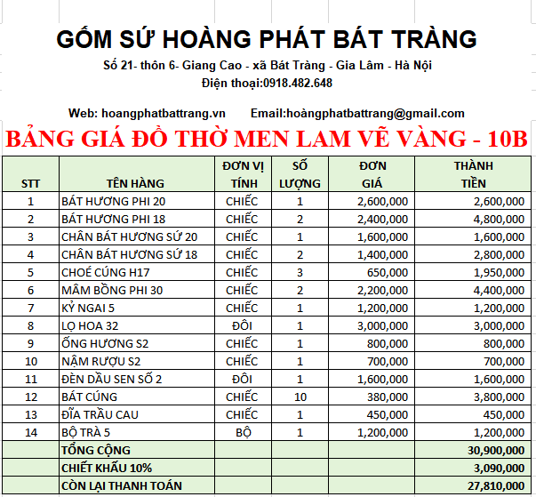 BỘ ĐỒ THỜ MEN LAM VẼ VÀNG BÁT TRÀNG 10B