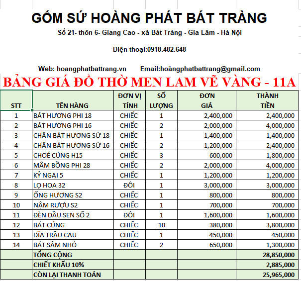 BỘ ĐỒ THỜ MEN LAM VẼ VÀNG BÁT TRÀNG 11A