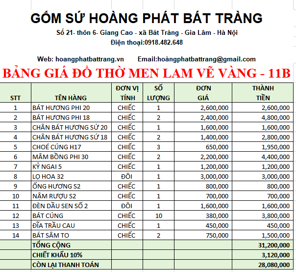 BỘ ĐỒ THỜ MEN LAM VẼ VÀNG 11B