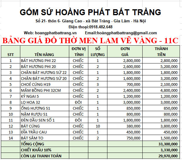 BỘ ĐỒ THỜ MEN LAM VẼ VÀNG BÁT TRÀNG 11C