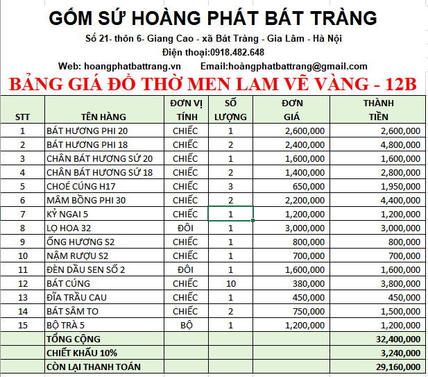 BỘ ĐỒ THỜ MEN LAM VẼ VÀNG BÁT TRÀNG 12B