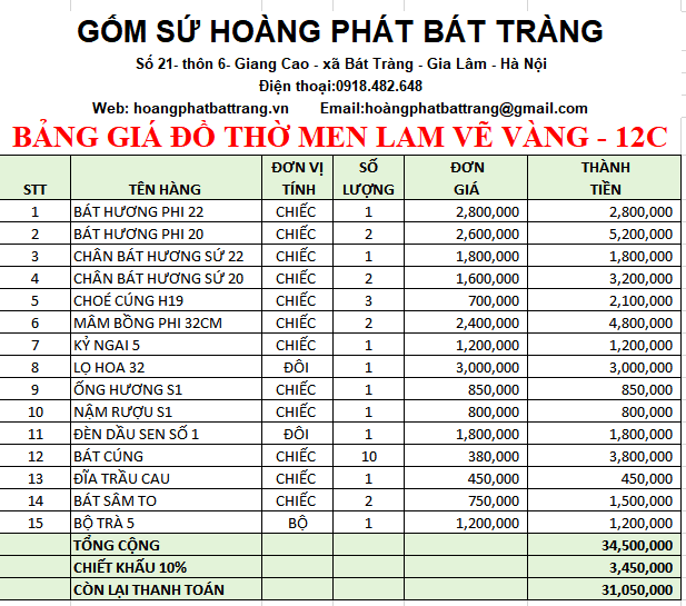BỘ ĐỒ THỜ MEN LAM VẼ VÀNG BÁT TRÀNG 12C