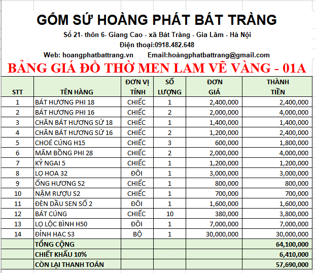 BỘ ĐỒ THỜ MEN LAM VẼ VÀNG 01A