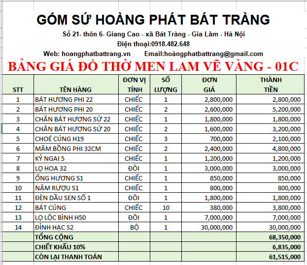 BỘ ĐỒ THỜ MEN LAM VẼ VÀNG BÁT TRÀNG 01C