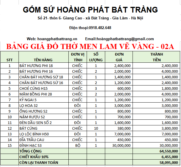 BỘ ĐỒ THỜ MEN LAM VẼ VÀNG BÁT TRÀNG 02A