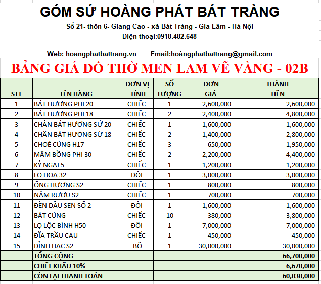 BỘ ĐỒ THỜ MEN LAM VẼ VÀNG BÁT TRÀNG 02B