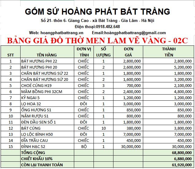 BỘ ĐỒ THỜ MEN LAM VẼ VÀNG BÁT TRÀNG 02C