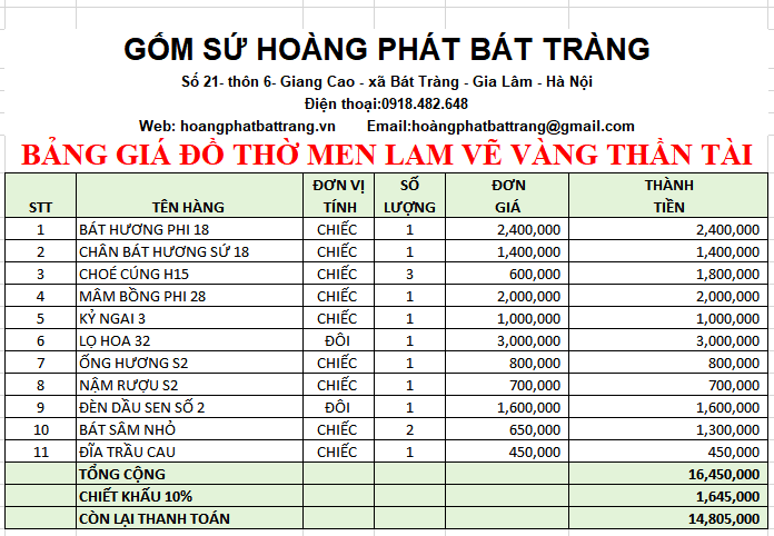 BỘ ĐỒ THỜ MEN LAM VẼ VÀNG BAN THẦN TÀI BTTT02