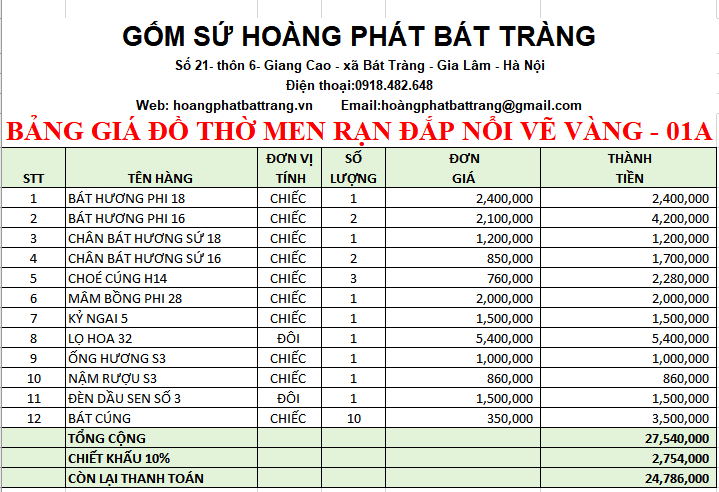 BỘ ĐỒ THỜ MEN RẠN ĐẮP NỔI VẼ VÀNG 01A