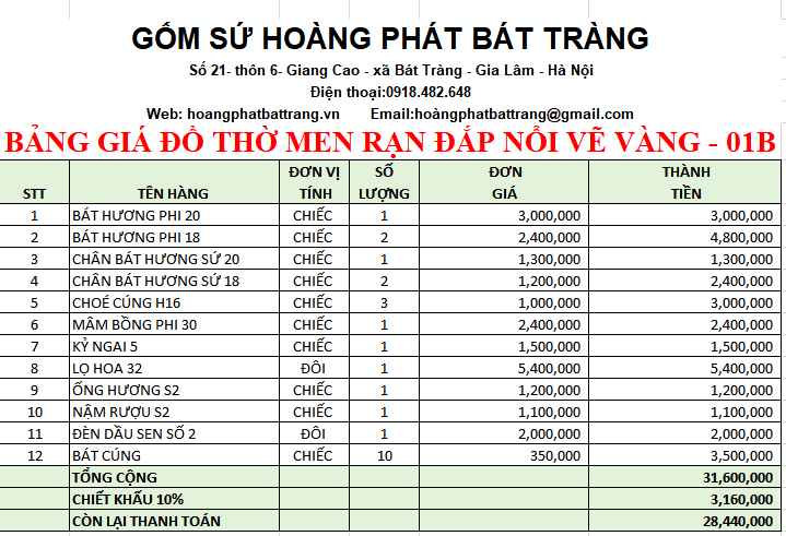 BỘ ĐỒ THỜ MEN RẠN ĐẮP NỔI VẼ VÀNG 01B