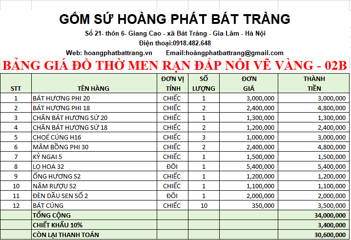BỘ ĐỒ THỜ MEN RẠN ĐẮP NỔI VẼ VÀNG 02B