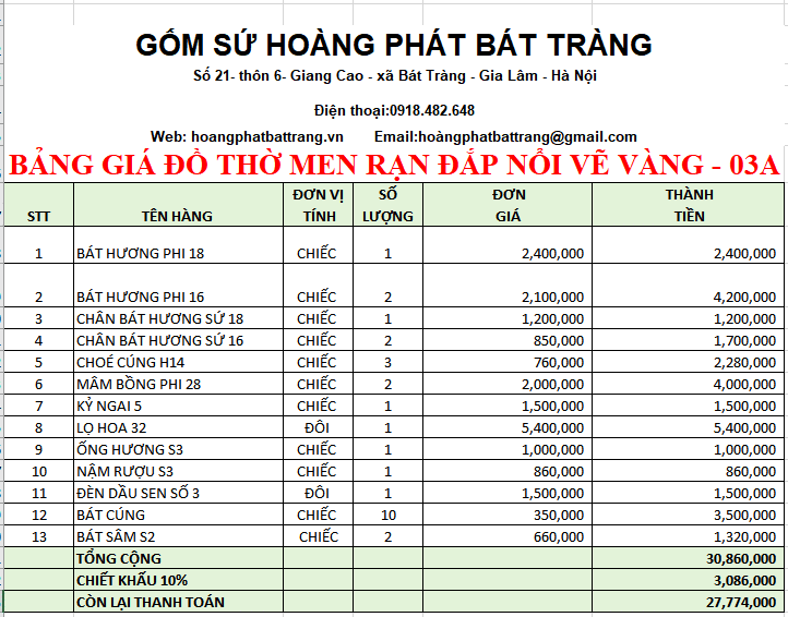 BỘ ĐỒ THỜ MEN RẠN ĐẮP NỔI VẼ VÀNG 03A