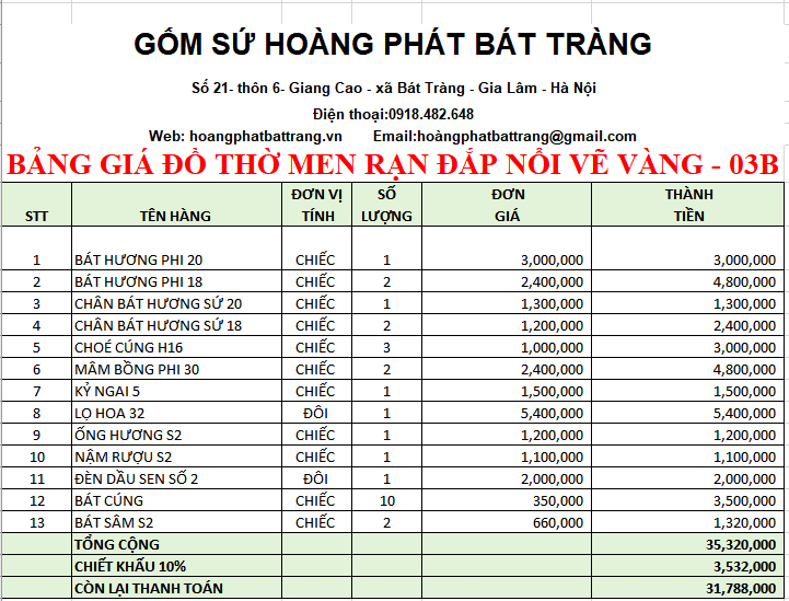 BỘ ĐỒ THỜ MEN RẠN ĐẮP NỔI VẼ VÀNG 03B