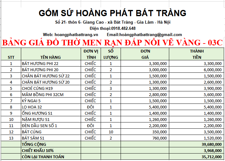 BỘ ĐỒ THỜ MEN RẠN ĐẮP NỔI VẼ VÀNG 03C