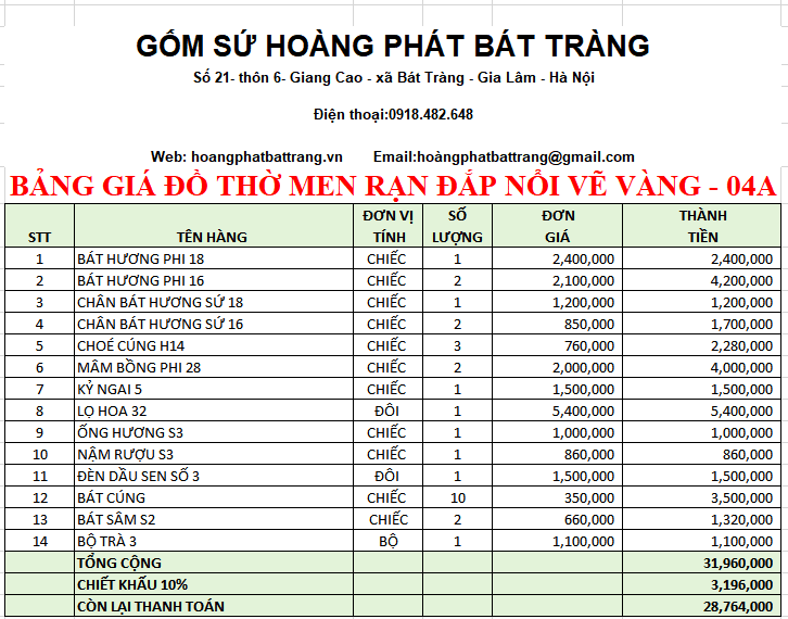 BỘ ĐỒ THỜ MEN RẠN ĐẮP NỔI VẼ VÀNG 04A