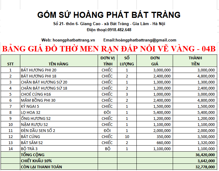 BỘ ĐỒ THỜ MEN RẠN ĐẮP NỔI VẼ VÀNG 04B