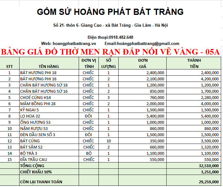 BỘ ĐỒ THỜ MEN RẠN ĐẮP NỔI VẼ VÀNG 05A