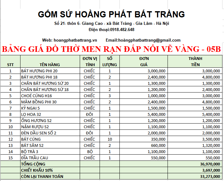 BỘ ĐỒ THỜ MEN RẠN ĐẮP NỔI VẼ VÀNG 05B