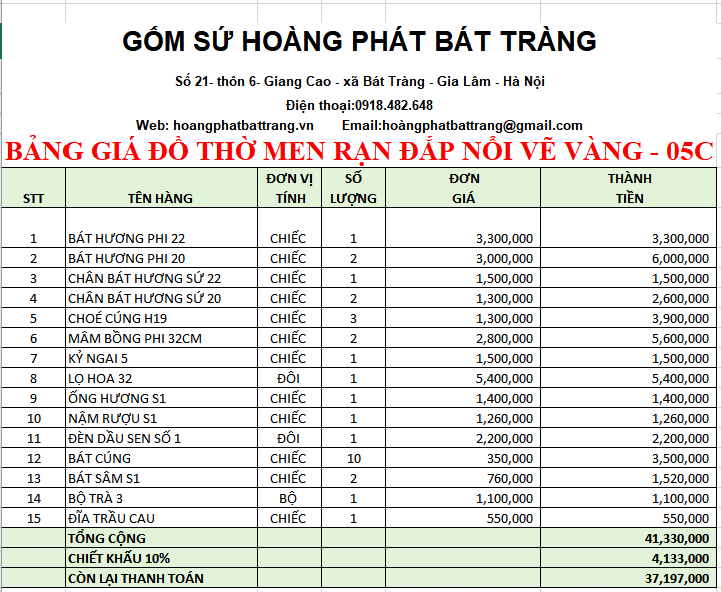 BỘ ĐỒ THỜ MEN RẠN ĐẮP NỔI VẼ VÀNG 05C