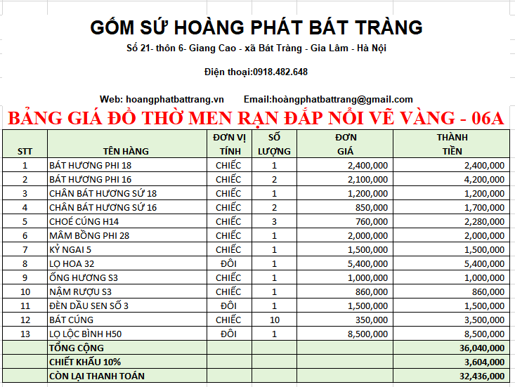 BỘ ĐỒ THỜ MEN RẠN ĐẮP NỔI VẼ VÀNG 06A