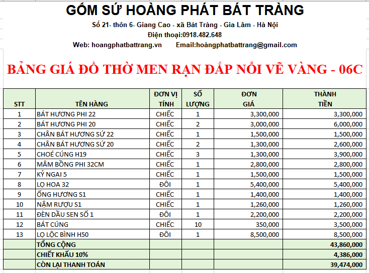 BỘ ĐỒ THỜ MEN RẠN ĐẮP NỔI VẼ VÀNG 06C