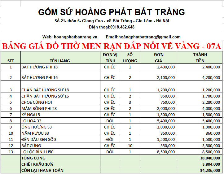 BỘ ĐỒ THỜ MEN RẠN ĐẮP NỔI VẼ VÀNG 07A