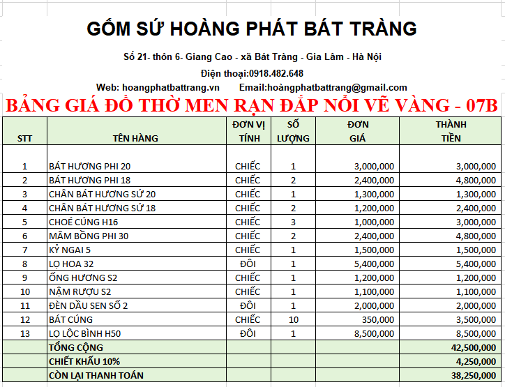 BỘ ĐỒ THỜ MEN RẠN ĐẮP NỔI VẼ VÀNG 07B